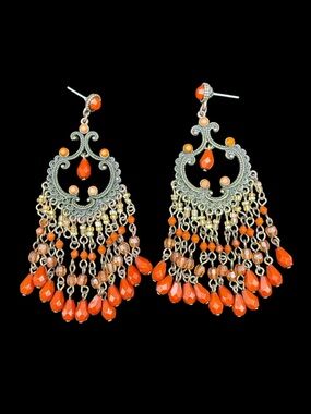 Orange Filigree Chandelier Drop Earrings - Vibrant Boho Style